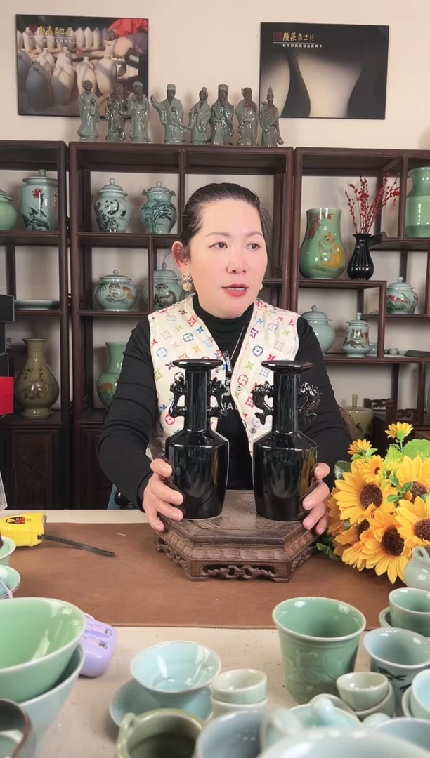 乌金釉 龙凤对瓶