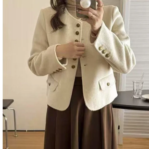 双面羊狨Y541燕麦排扣小香外套