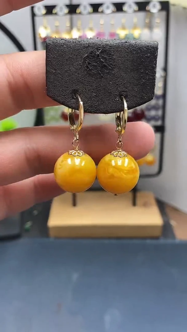 蜜蜡银S925镀金镶嵌耳饰尺寸16mm耳扣06