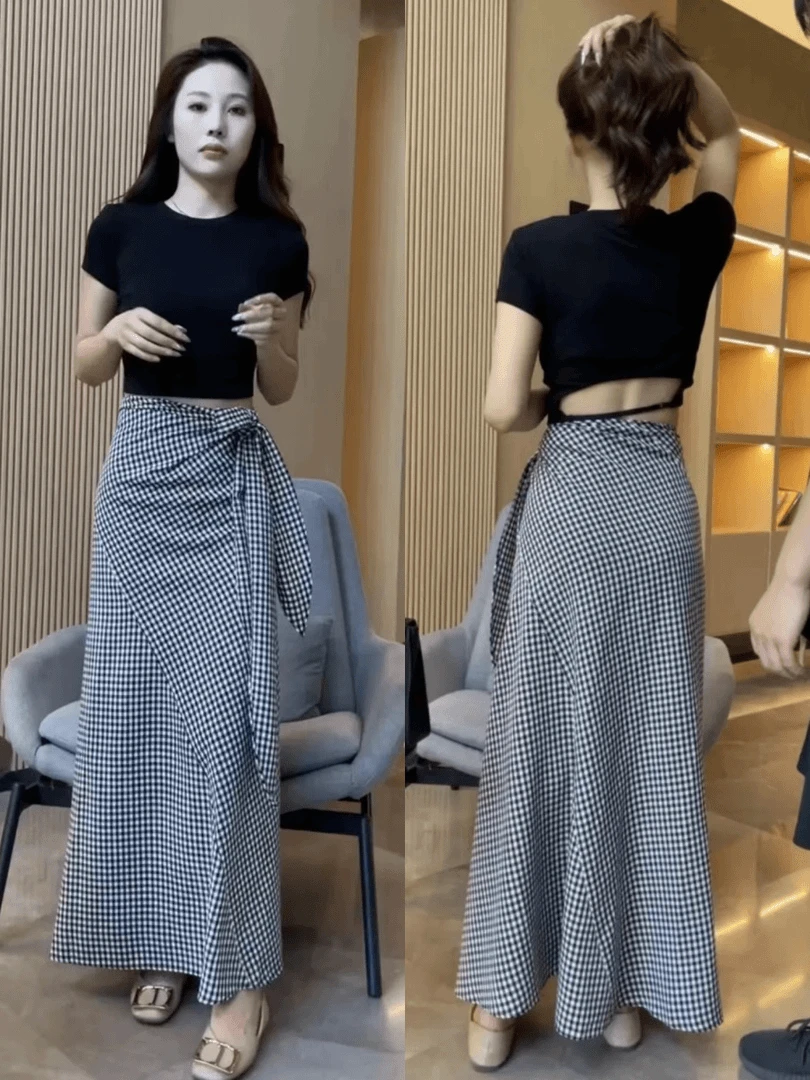 法式复古高腰格子系带半身裙女夏季2024新款遮肉显瘦格纹包臂长裙