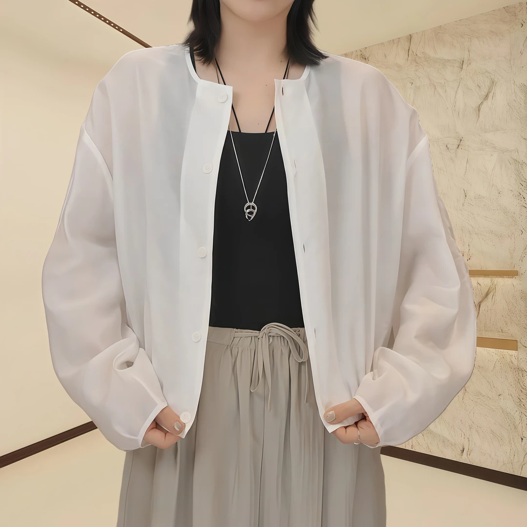 休闲长袖防晒夏季薄款圆领白色时尚小众百搭休闲圆领衬衫女上衣