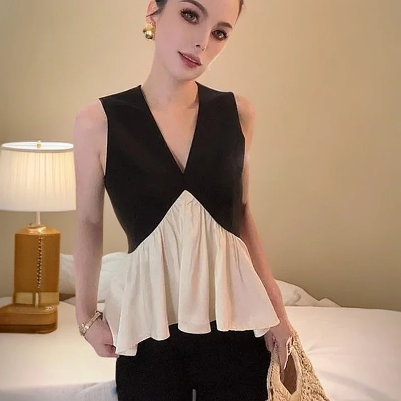 法式高端撞色拼接v领无袖衬衫女2025夏季新款轻熟风小众显瘦上衣