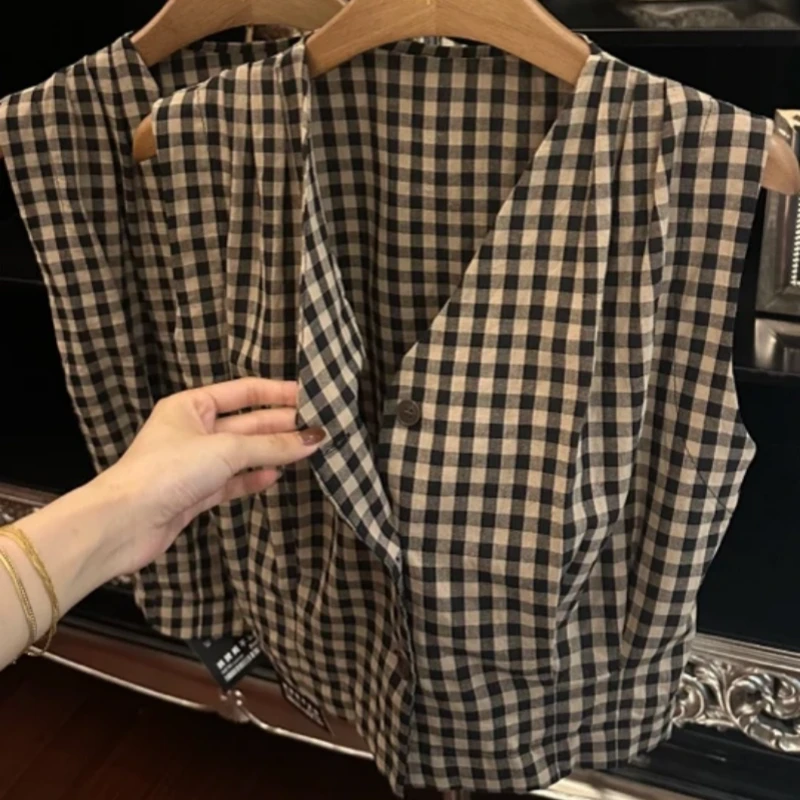 格子夏季常规款无袖法式成人衬衫格子衬衫方领拼接衬衣格纹1039
