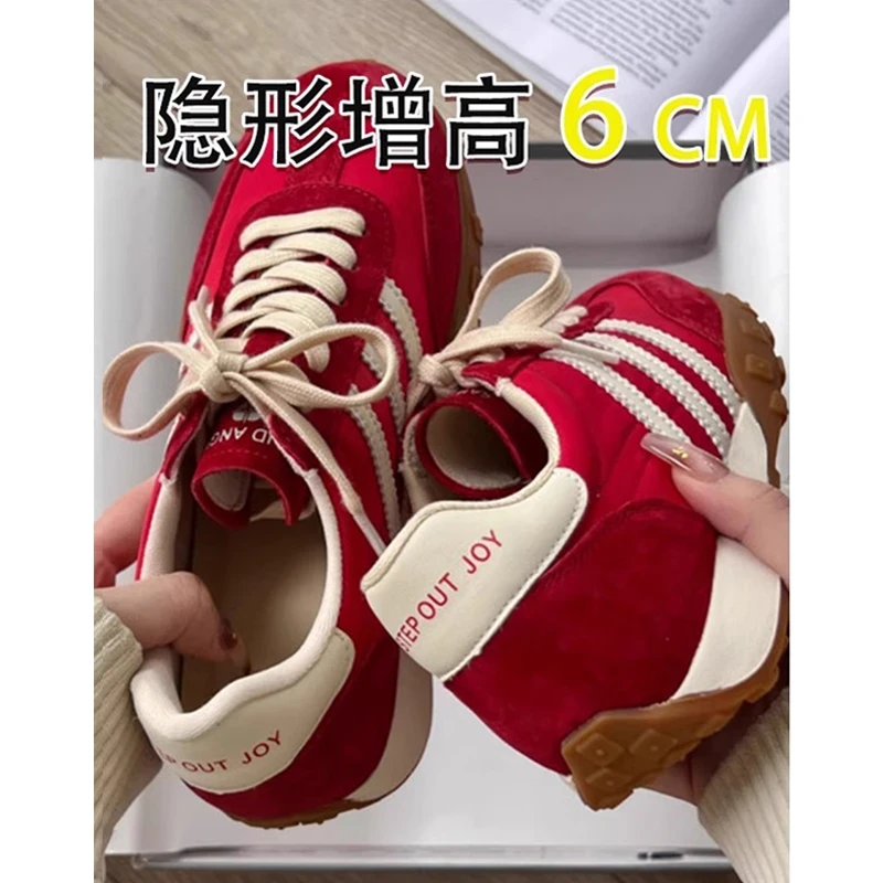 6cm增高德训鞋韩版复古厚底红色德训鞋2025春季休闲软皮阿甘板鞋