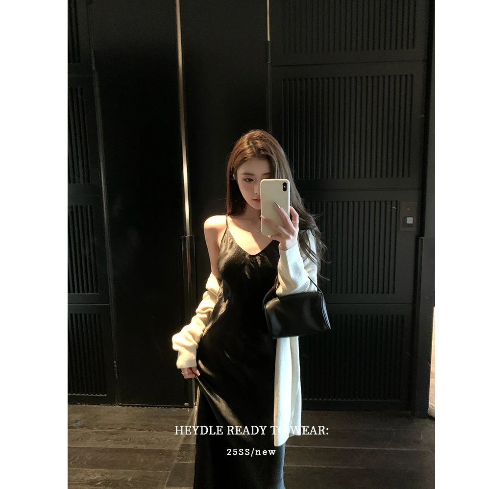 黑豆哼哼 高阶典藏*全醋酸吊带连衣裙女春季黑色法式赫本小黑裙子