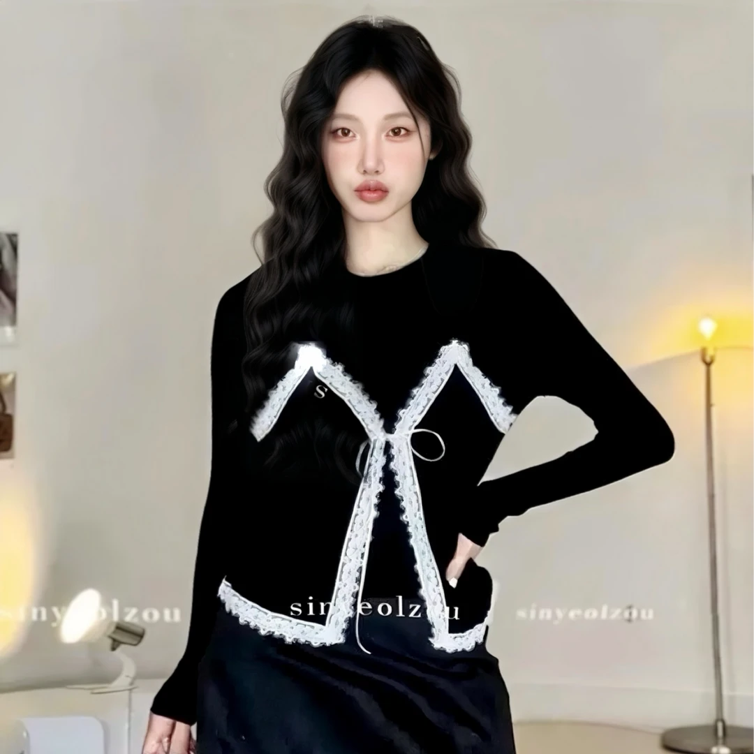 （小恶魔）韩系2025假两件蕾丝拼接t恤女新款上衣黑色打底小衫C361