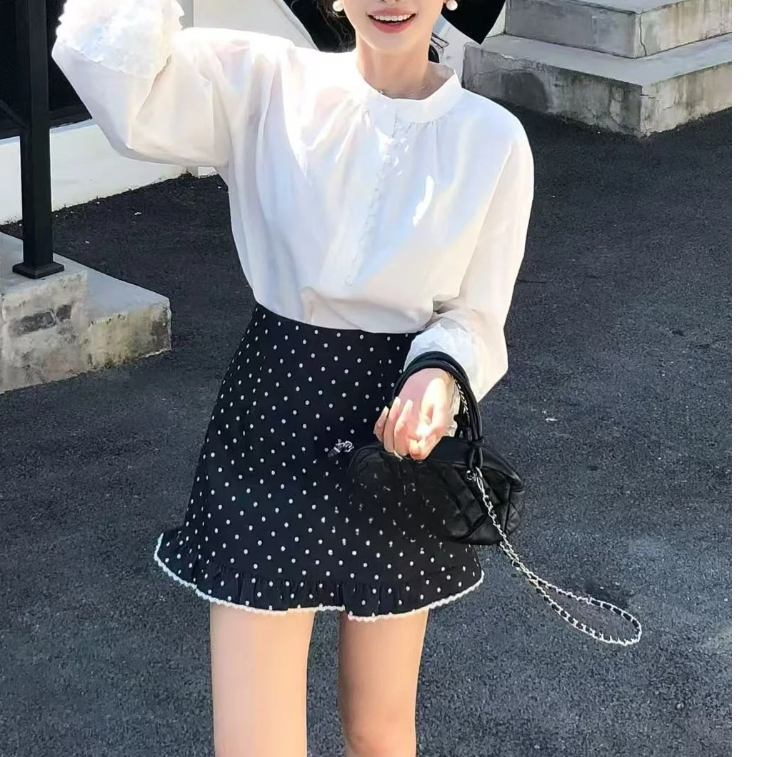 小鹿~早秋新款韩版时尚气质显瘦潮流花边衬衫高腰半身裙两件套