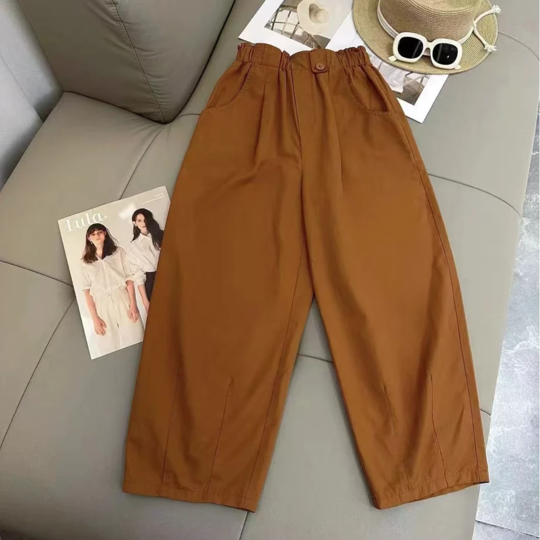斜口花苞腰镰刀裤女2025夏季新款百搭休闲哈伦九分裤松紧腰1091