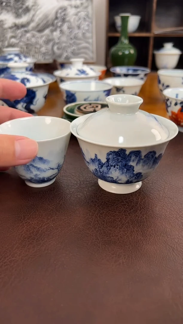 陈***茶照夜白青花仿明山水套组