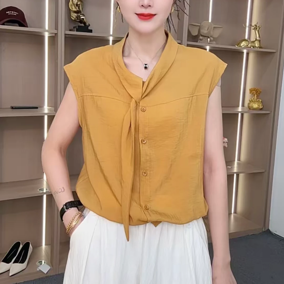 夏季新款时尚洋气系绳衬衫法式纯色休闲设计感减龄气质套头上衣女