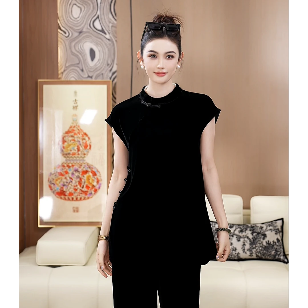 新中式立领盘扣韵味黑色真丝丝绒气质百搭优雅夏季上衣A050631