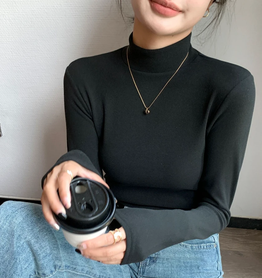 【黑色】春季修身百搭保暖女士纯色长袖高领简约风女士内搭打底衫