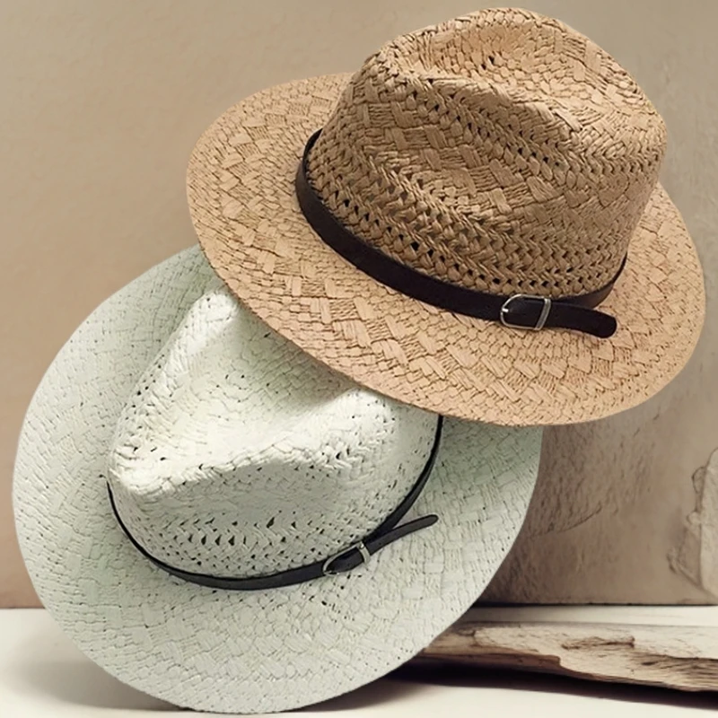 编织草帽夏季帽子女防晒遮阳帽皮带扣礼帽百搭沙滩户外旅行防晒帽