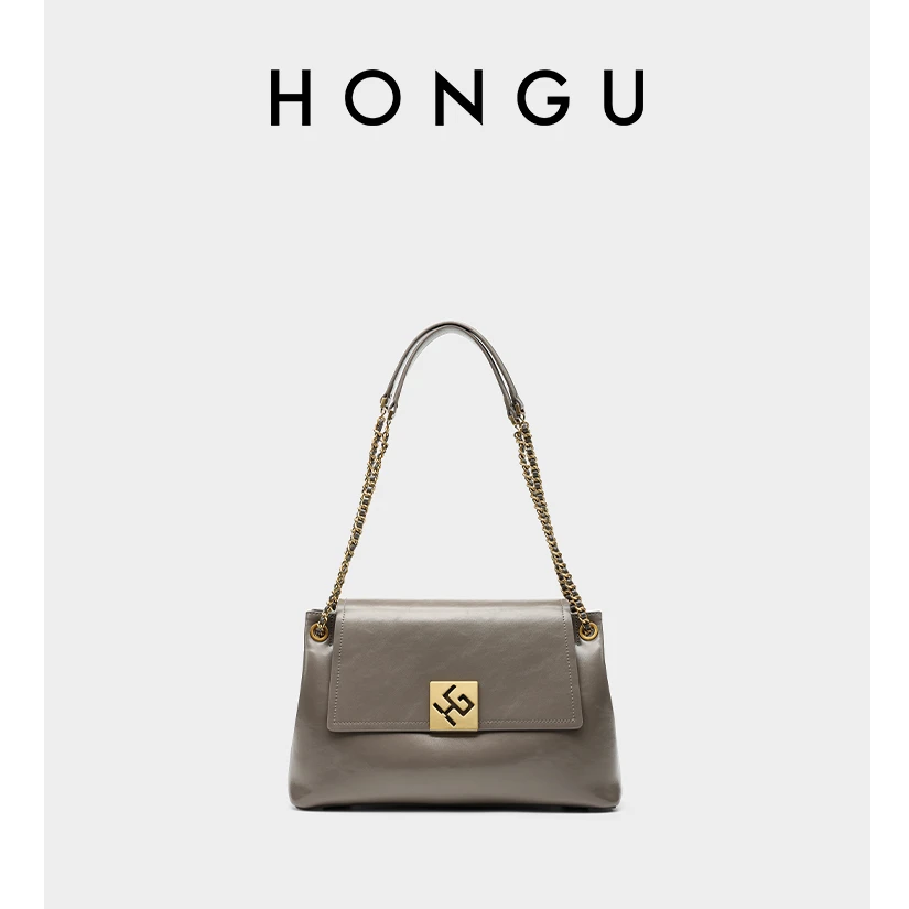 HONGU/红谷【深圳福利】牛皮时髦链条金标通勤包条大容量单肩斜挎包
