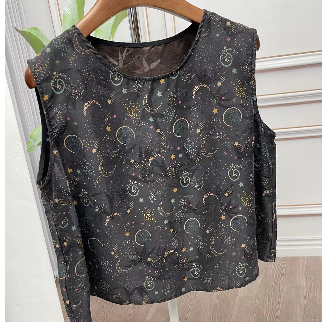 139-799 扣号链接真丝上衣红云纱T恤桑蚕丝中老年香云纱时尚印花