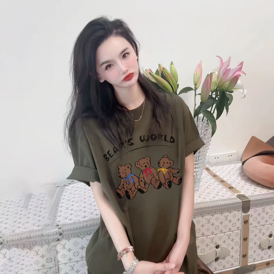 【小熊家族】纯棉宽松显瘦短袖T恤印花圆领时尚休闲百搭上衣潮流