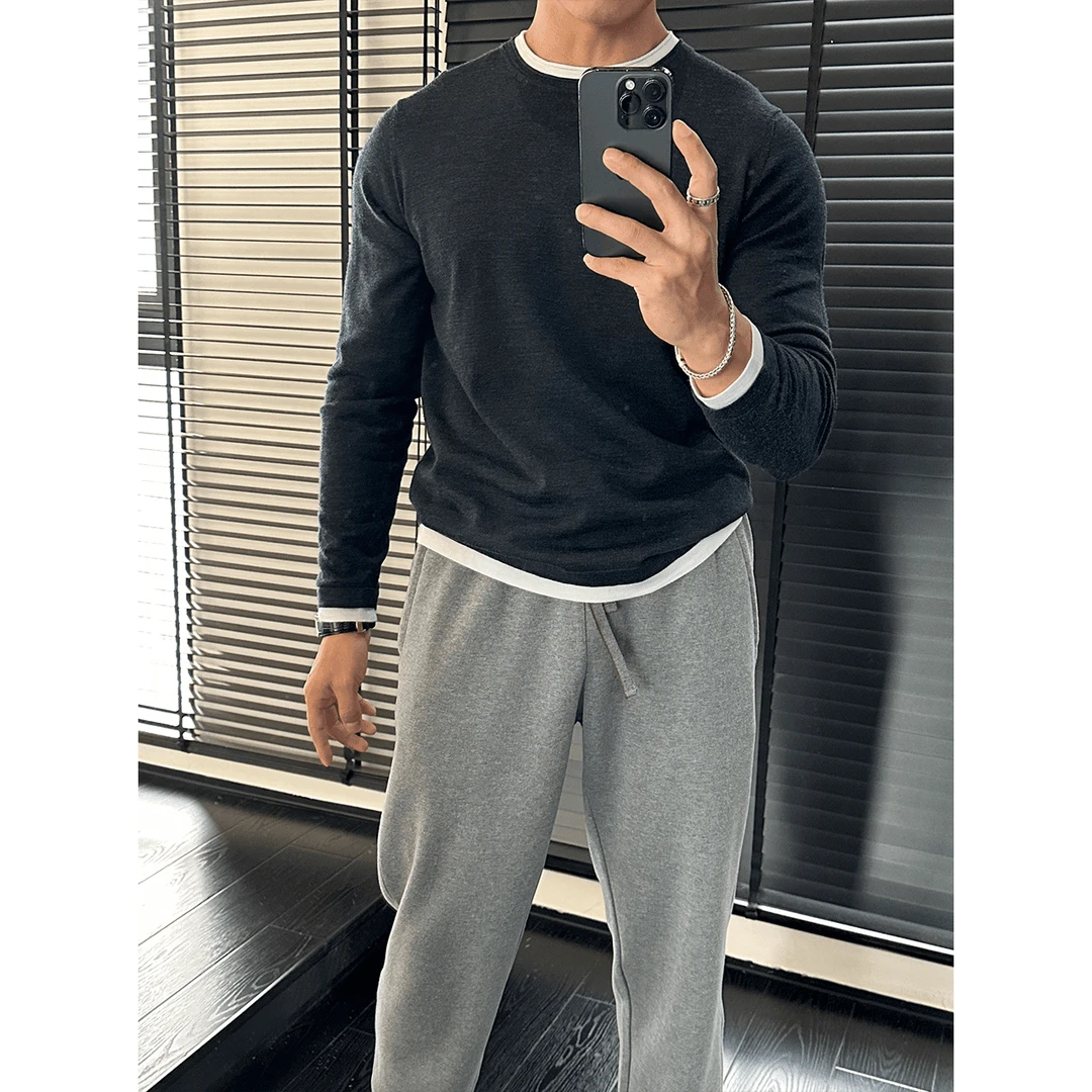 拼接常规型针织时尚打底衫韩版长袖百搭时尚高端商务休闲风针织衫