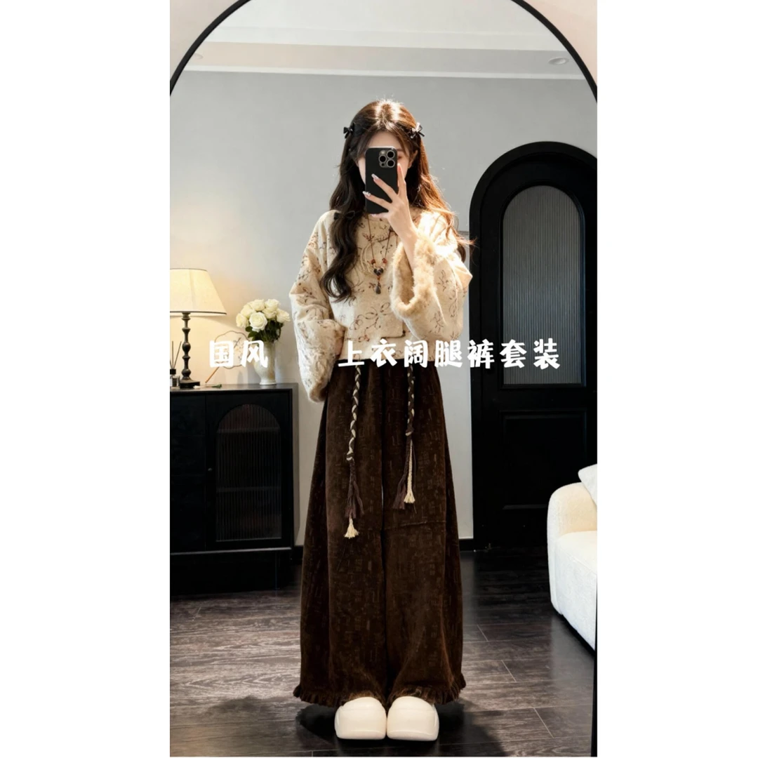 2025年春秋冬季新中式国风印花斜襟袖口毛边短外套阔腿裤复古套装