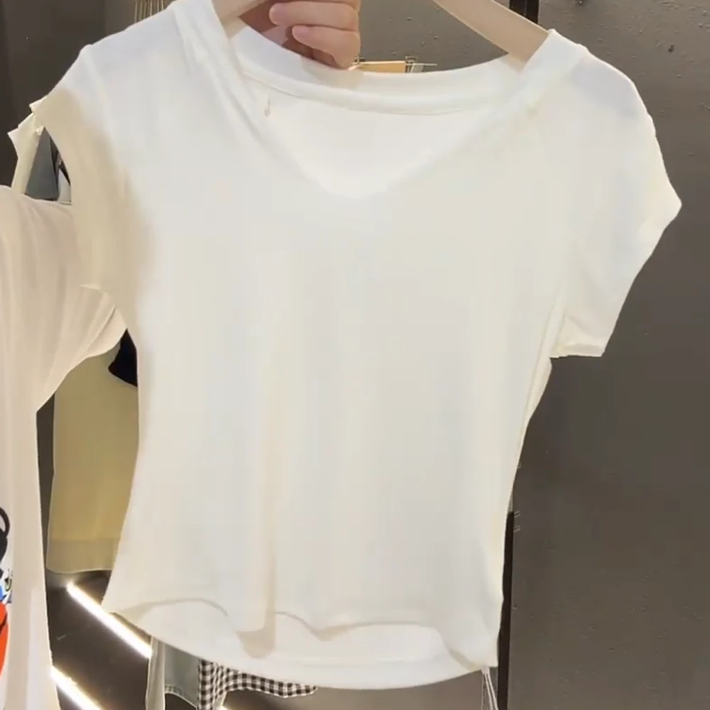 气质V领冰丝短袖t恤女夏季2025新款翻领设计感修身洋气上衣C5347
