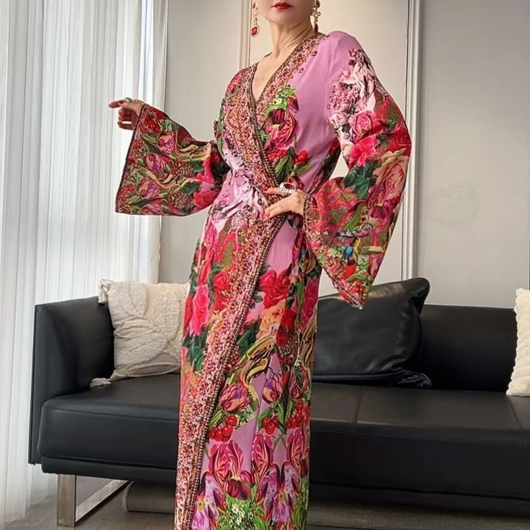 优雅烫钻高腰系带印花长款时尚显瘦连衣裙182373