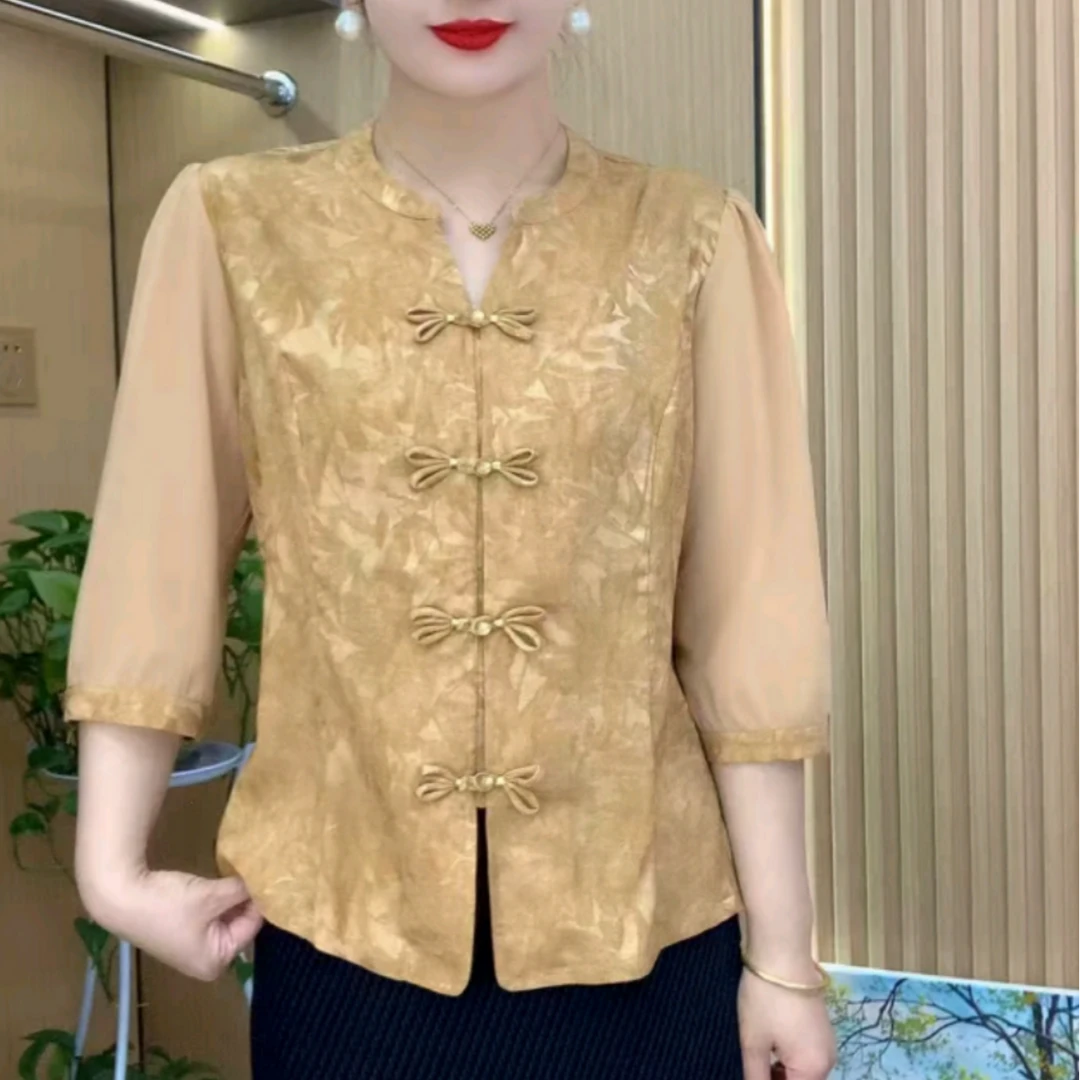 高档潮流国风气质妈妈夏装2025新款新中式中国风七分袖休闲衬衣女