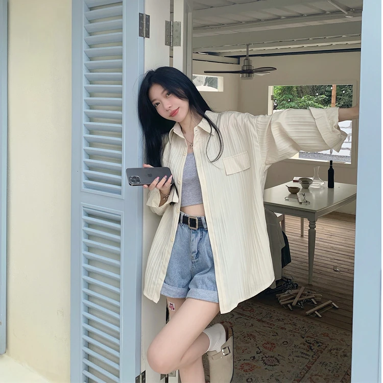 春夏法式设计感长袖防晒衬衫休闲宽松小众别致时尚小衫衬衣7307#
