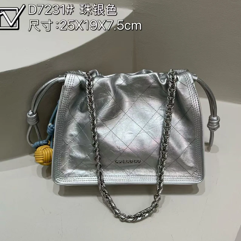 【云云甄选】ZT-D7231-珠银色 文艺风单根轻奢夹层拉链单肩链条包
