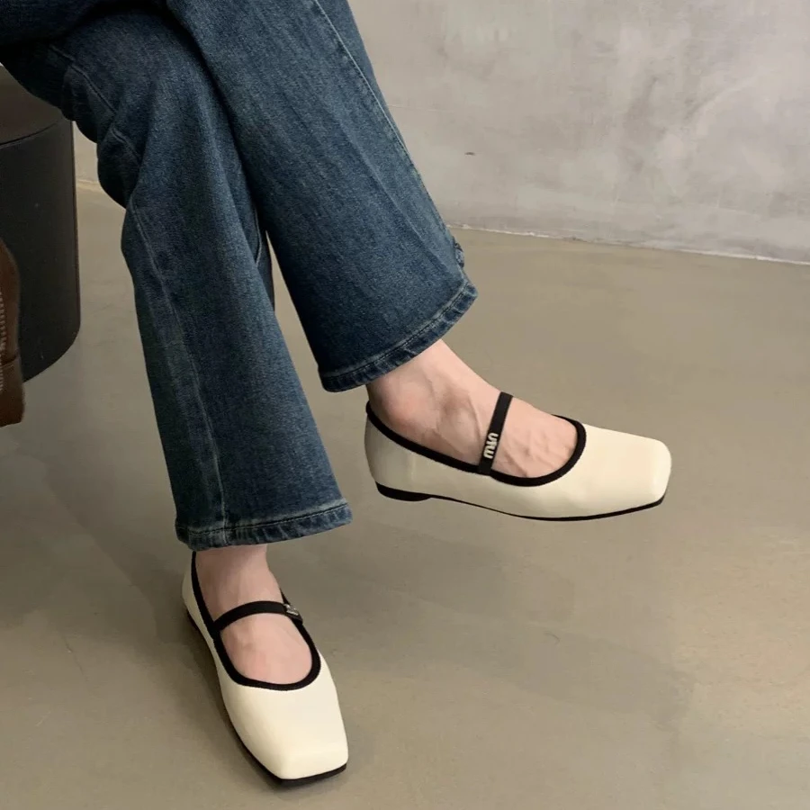 2439-3复古方头浅口单鞋女法式晚风玛丽珍鞋温柔仙女平底芭蕾鞋