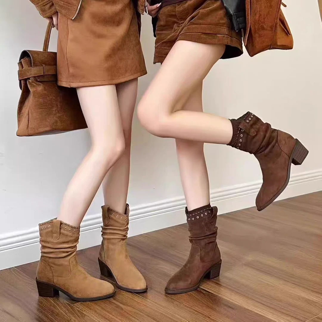 【米热】2513-内增高勃肯短靴女2025冬季新款尖头马丁靴厚底显瘦