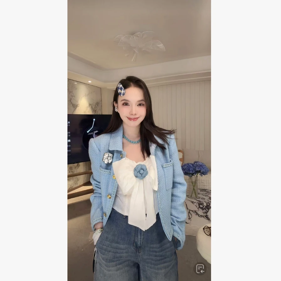 资雅 私服系列 香家25B气质蓝色织带羊毛小香风外套+半裙套装