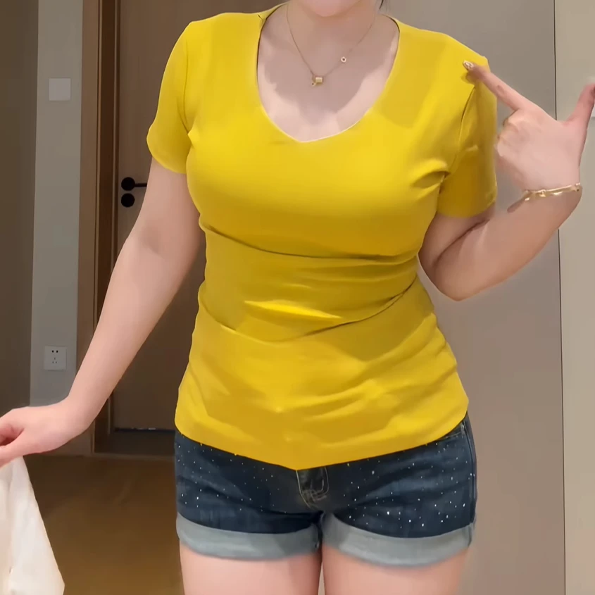 春夏新款气质正肩v领短袖T恤女高级感纯色修身显瘦内搭上衣