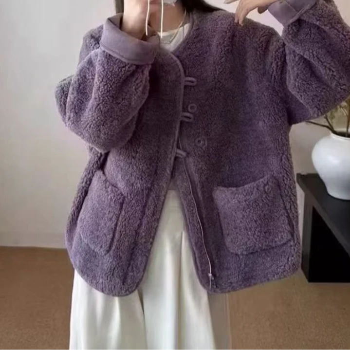 Y530紫三粒扣毛绒开衫外套798