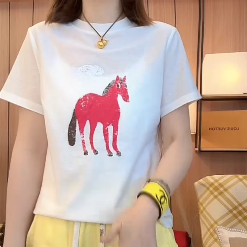 2025新款夏季卡通小马圆领短袖时尚正肩T恤LK2503307