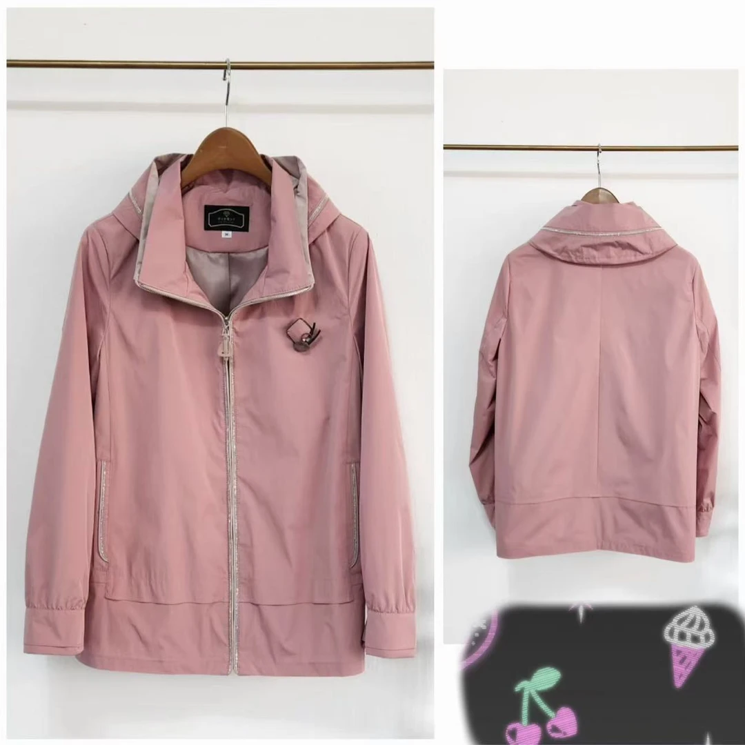 【xineba3】2025早春新款女士亮丝装饰连帽高端风衣时尚洋气气质