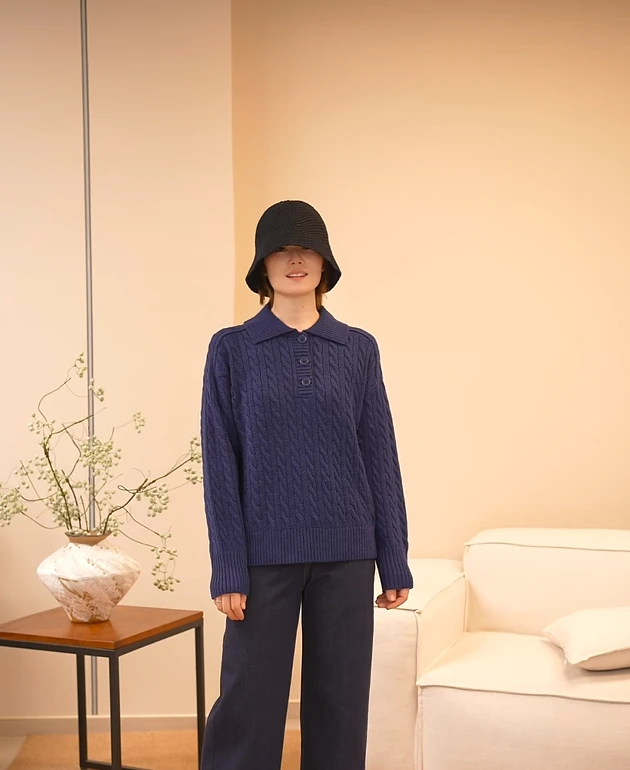 【蓝色海洋】精纺羊毛衫POLO领半开领连帽常规上衣保暖针织女士百搭