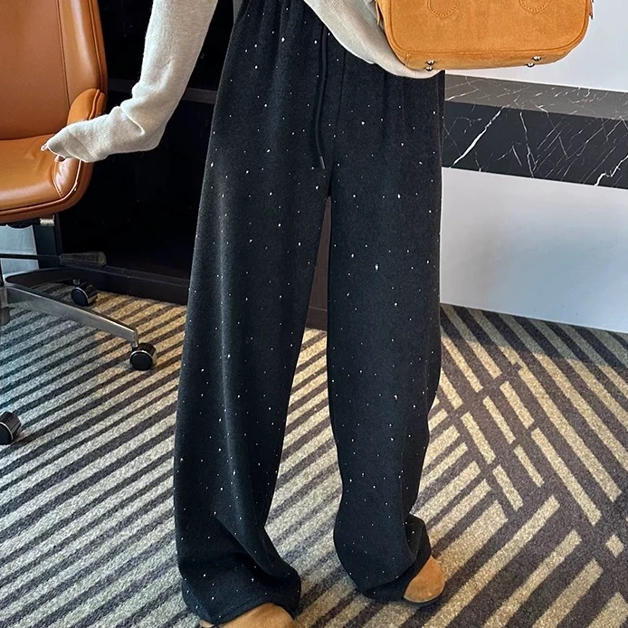 松弛感糯米裤女2025年春季新款高腰休闲阔腿显瘦直筒阔腿抽绳裤