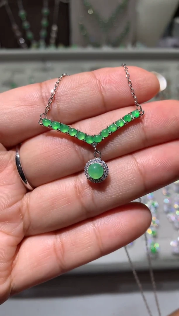 银S925镶嵌翡翠耳饰锁骨链