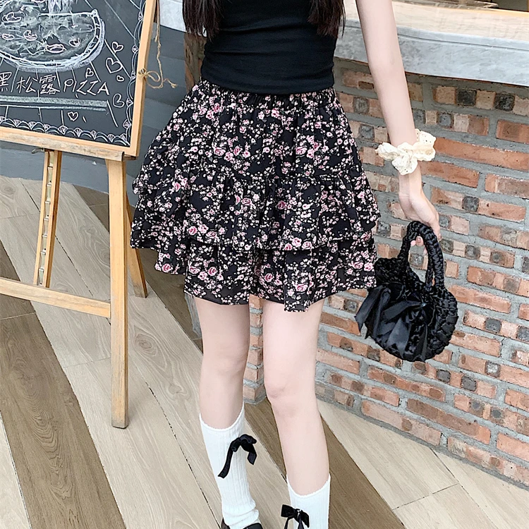 2025春夏韩版甜美小碎花短裙胖MM大码松紧高腰宽松雪纺A字半身裙A