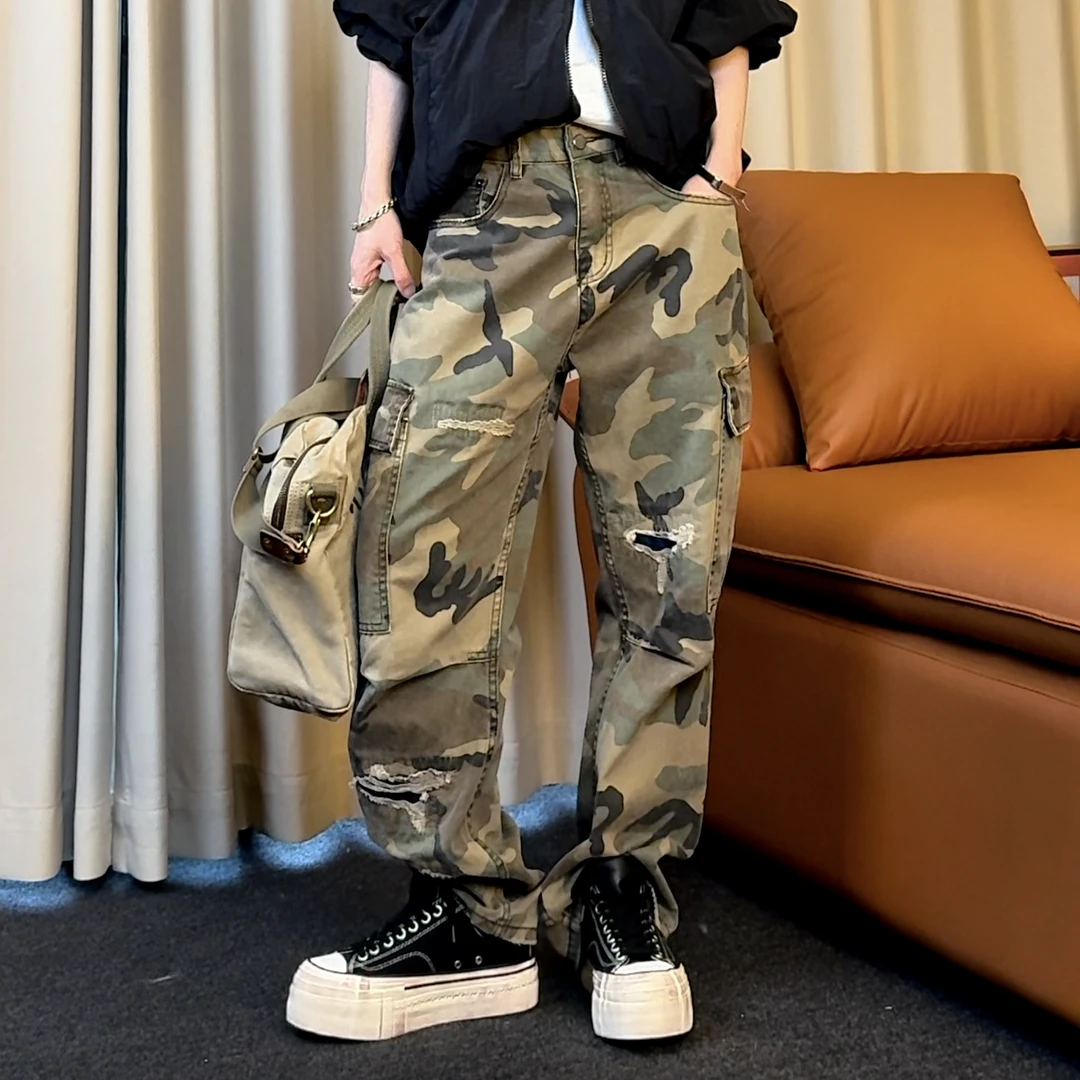 ST【991-硬朗专属】重磅手工补丁割破复古军裤战服迷彩工装裤男女TF