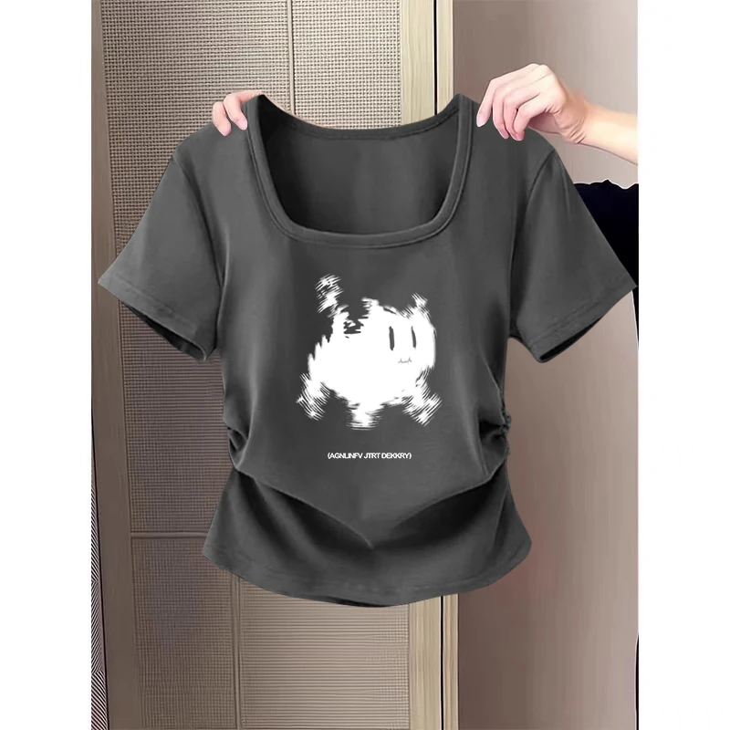 大码胖mm辣妹方领短款t恤短袖学生韩版夏季穿搭修身显瘦褶皱上衣