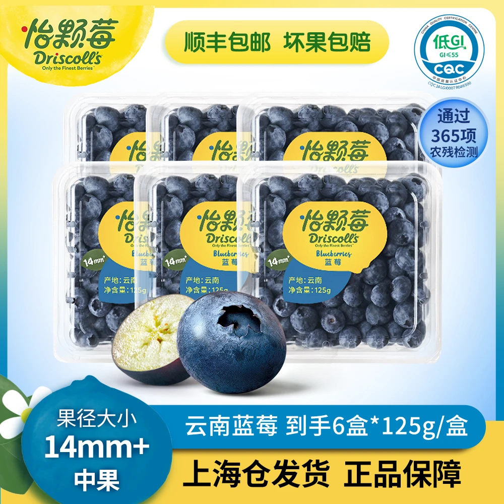 Driscoll's/怡颗莓云南新鲜花香蓝莓水果（中果14mm＋）6盒*125克/盒