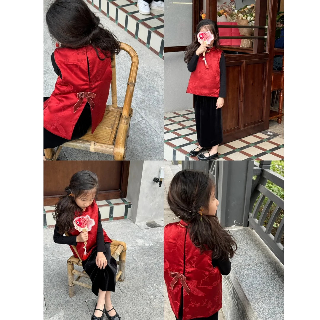 现货壹妈女童新中式拜年服套装春秋儿童红色夹棉马甲上衣黑色半裙