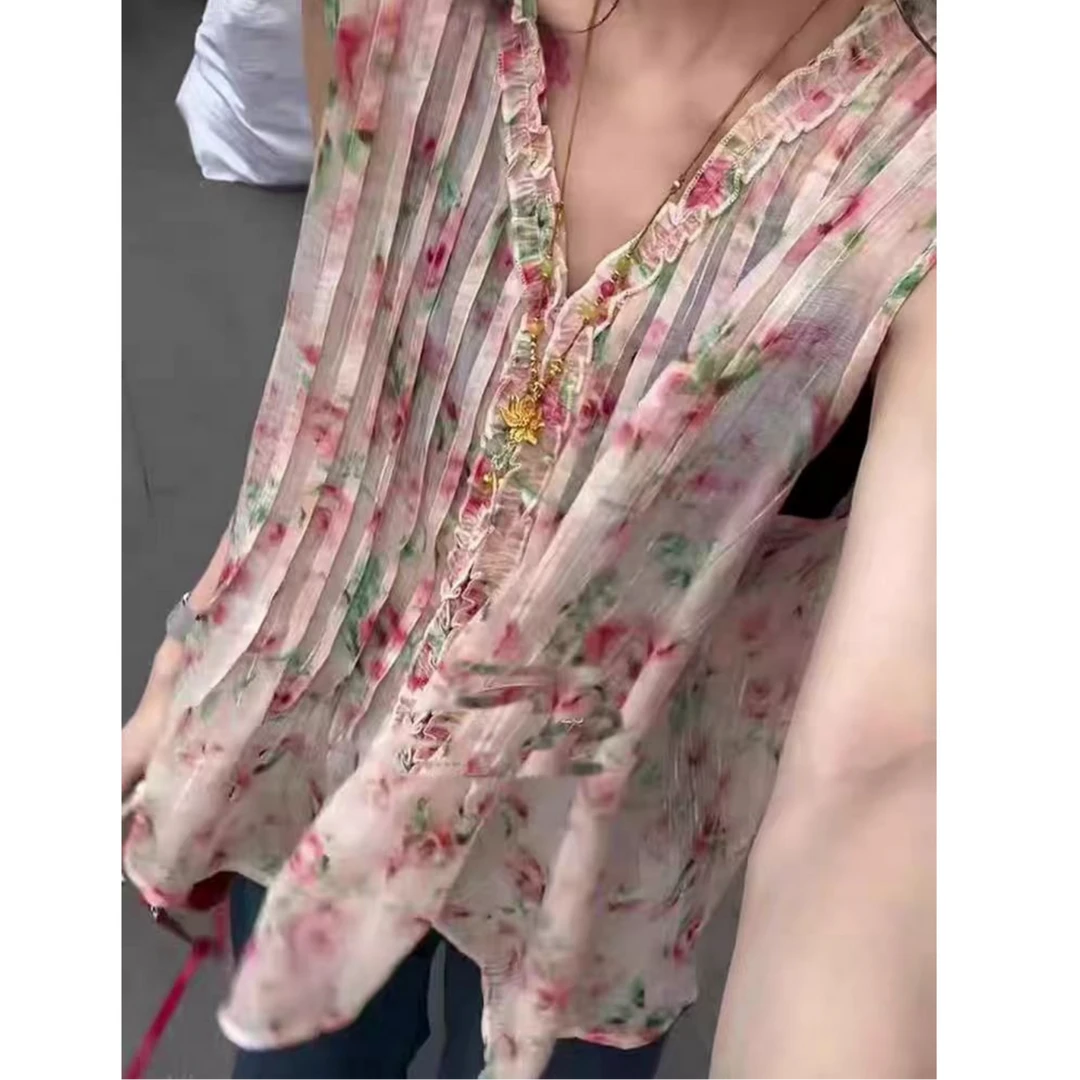 【柚子同款】夏季小碎花无袖香云纱时尚V领开衫25156