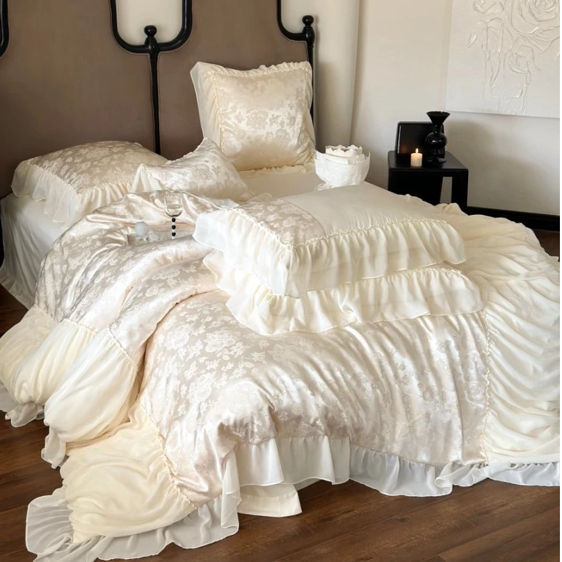 2024新款【倾国倾城】 轻法奶油风色织提花四件套公主床单款