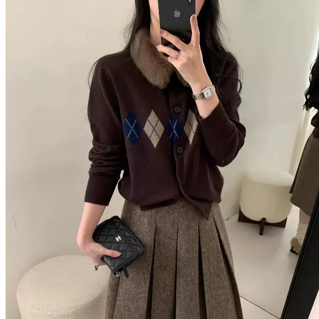 高端货~秋冬新款翻领菱形格100羊毛针织开衫女宽松显瘦毛衣外套