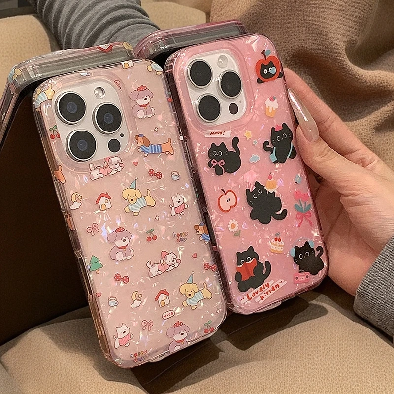 橡胶果子ins卡通贝壳纹涂鸦小猫小怪兽适用苹果16promax手机壳15p