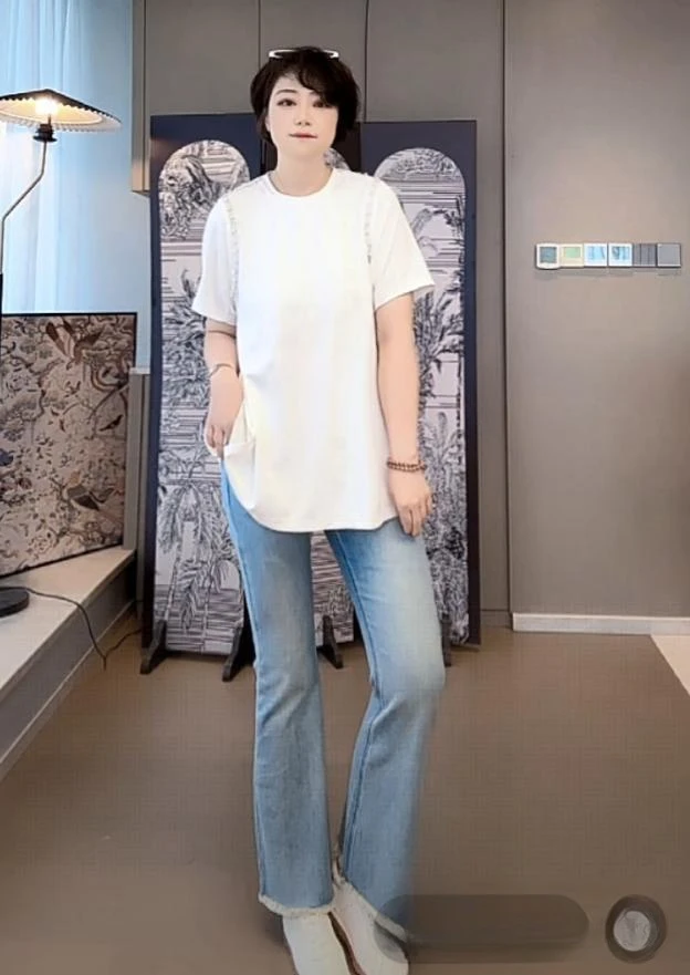 【U.M】流苏毛边微喇浅蓝牛仔裤显瘦舒适夏季