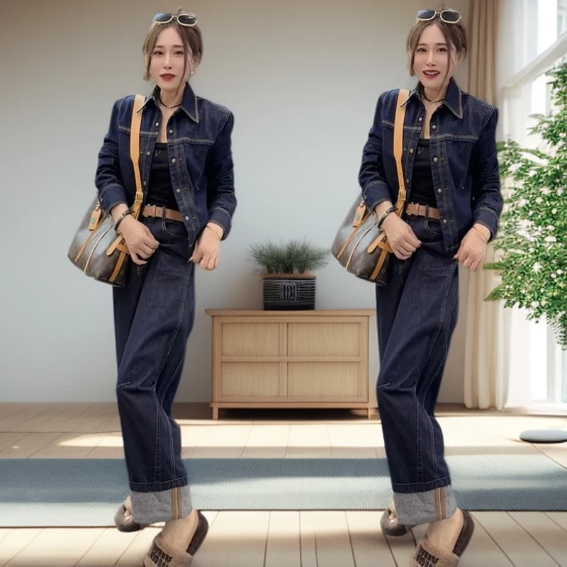 2025洋气牛仔套装女秋冬时尚宽松大码韩版气质长裤显瘦减龄两件套