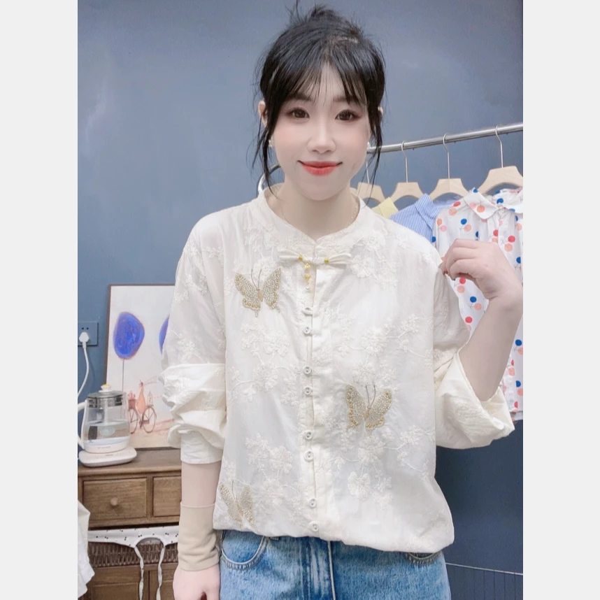 新中式国风款盘扣金线蝴蝶串珠刺绣宽松百搭衬衫上衣气质女