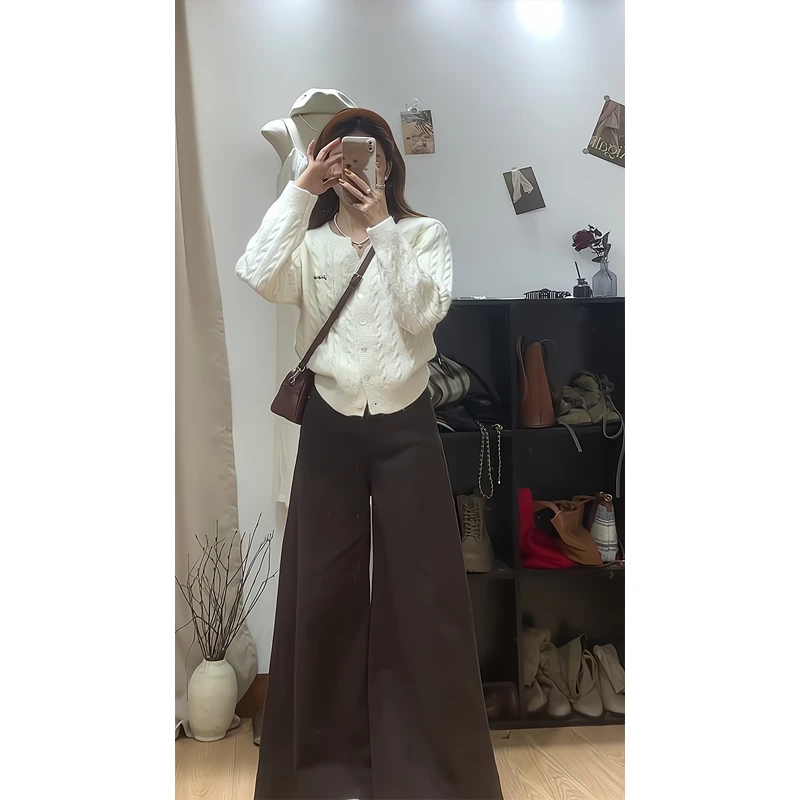 春季设计感麻花针织开衫女学院风毛衣外套大阔腿垂感拖地长裤子女